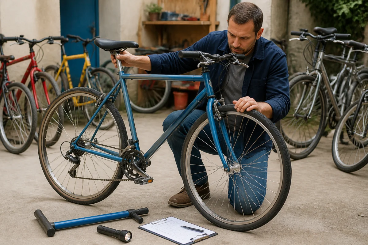 Acheteur inspectant freins, chaîne et cadre d’un vélo d’occasion pour un achat pas cher sans arnaque