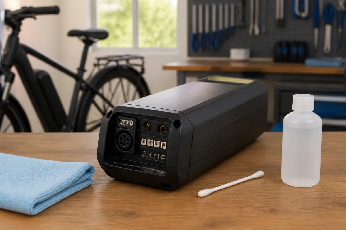 Batterie amovible de vélo électrique Nakamura et connecteurs nettoyés pour réparer un faux contact électrique