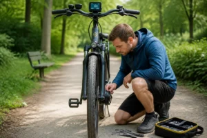 Cycliste inspectant le capteur de pédalage d’un vélo électrique, assistance inactive et outils posés dans un parc verdoyant