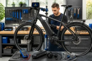Diagnostic d’un problème sur vélo électrique Kalkhoff par un technicien en atelier, batterie et moteur central visibles