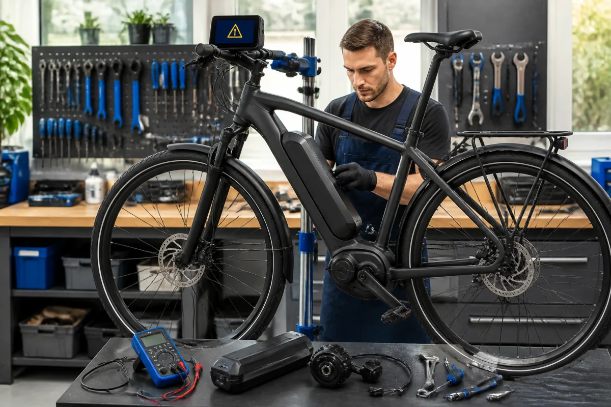 Diagnostic d’un problème sur vélo électrique Kalkhoff par un technicien en atelier, batterie et moteur central visibles