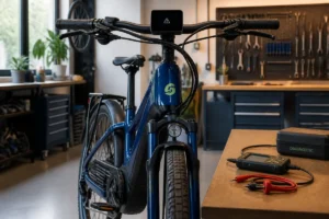 Vélo électrique à moteur Bosch en panne, écran noir et icône d’avertissement dans un atelier de réparation