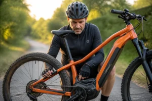 Cycliste inspectant le moteur de son vélo électrique sur un chemin de campagne pour résoudre un problème technique.