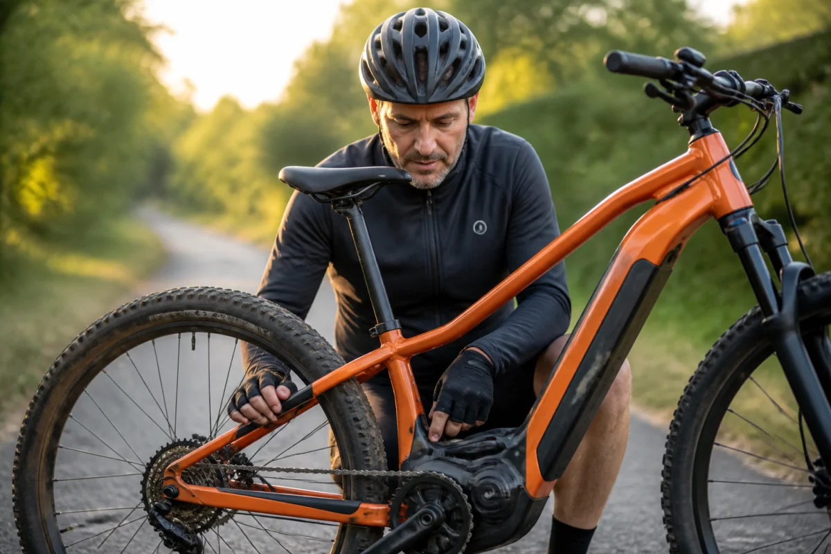 Cycliste inspectant le moteur de son vélo électrique sur un chemin de campagne pour résoudre un problème technique.