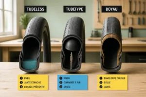 Comparaison de trois pneus vélo route : tubeless, tubetype avec chambre à air et boyau en atelier cycliste
