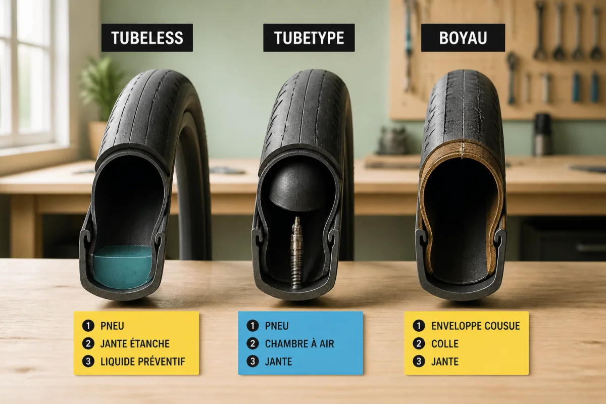 Comparaison de trois pneus vélo route : tubeless, tubetype avec chambre à air et boyau en atelier cycliste