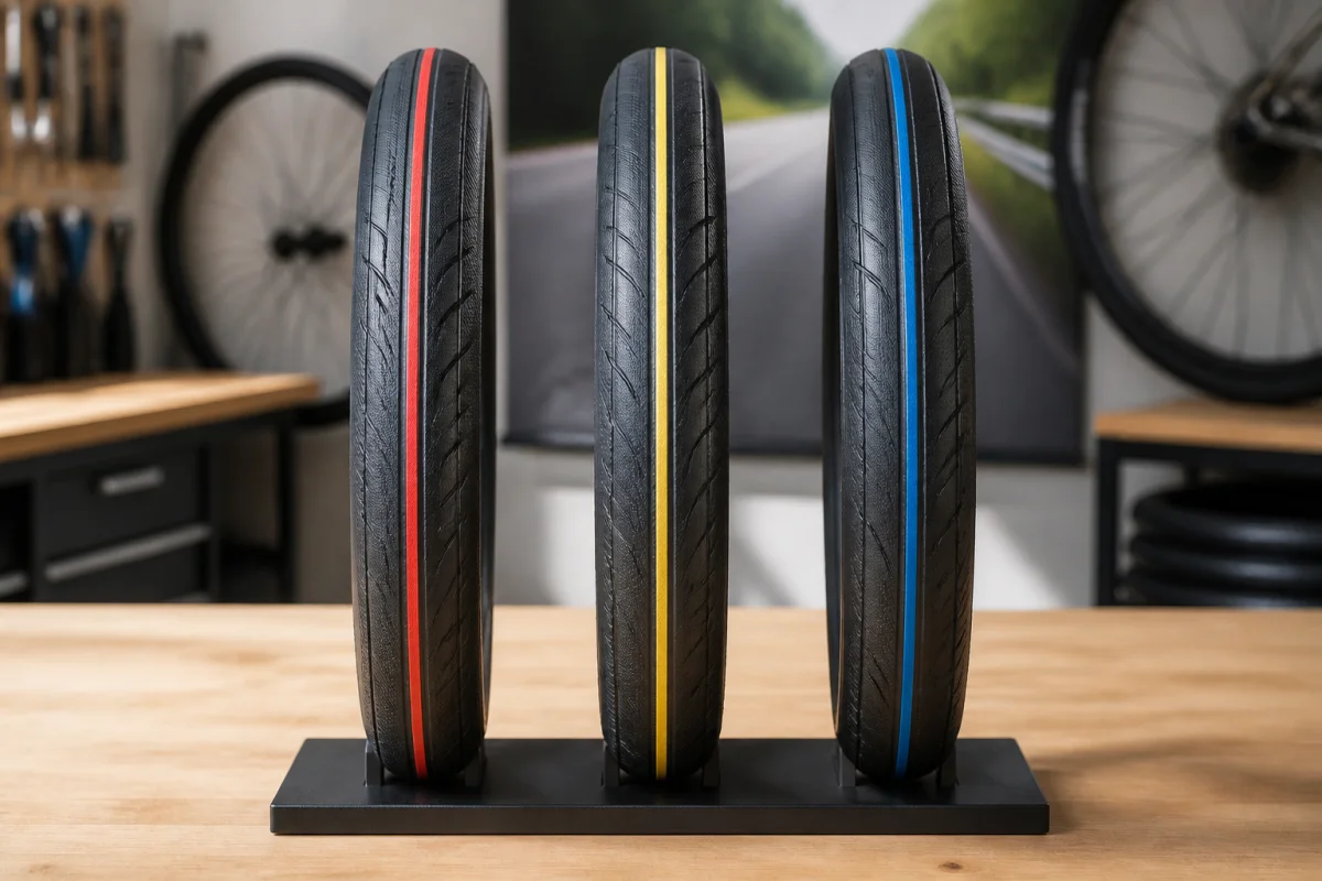 Trois pneus de vélo de route haut de gamme alignés pour comparer leurs textures et sculptures de bande de roulement