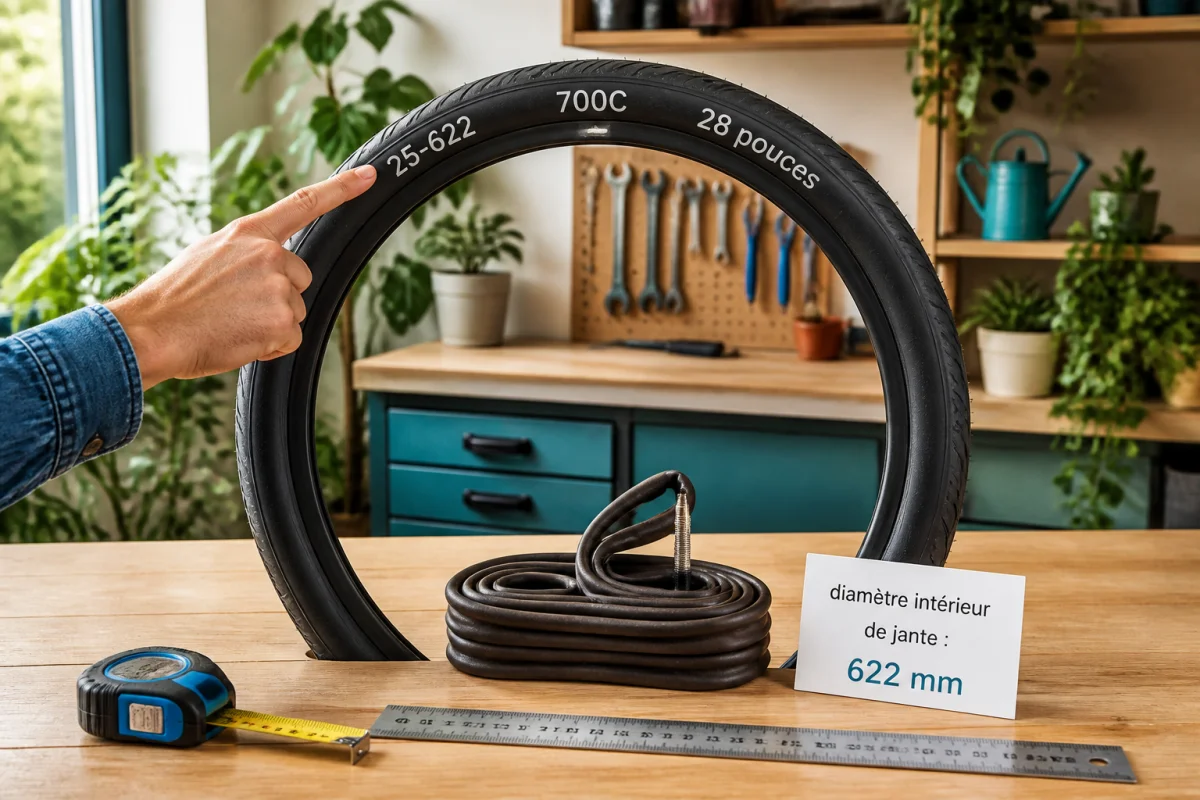 Choisir une chambre à air vélo avec marquages 25-622, 700C et 28 pouces dans un atelier lumineux