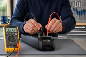 Technicien utilisant un multimètre pour diagnostiquer un faux contact sur la batterie d'un vélo électrique à l'atelier.