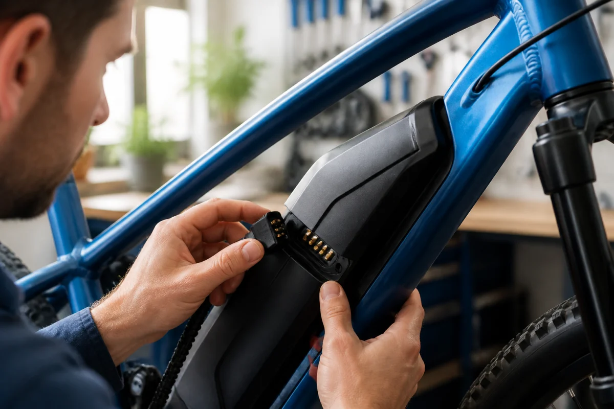 Cycliste inspectant les connecteurs d'une batterie de vélo électrique dans un atelier pour réparer un faux contact.