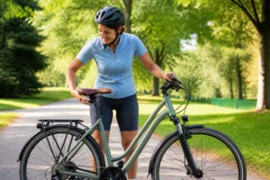 Cycliste ajustant selle et guidon d’un vélo femme polyvalent sur un chemin verdoyant, pour un confort optimal