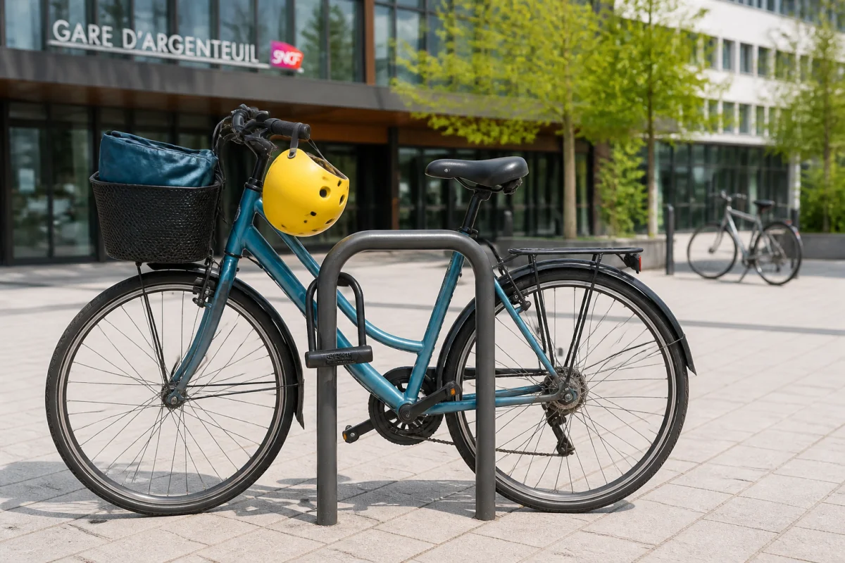 Vélo urbain sécurisé par un antivol en U, câble secondaire, casque jaune et housse dans un panier.