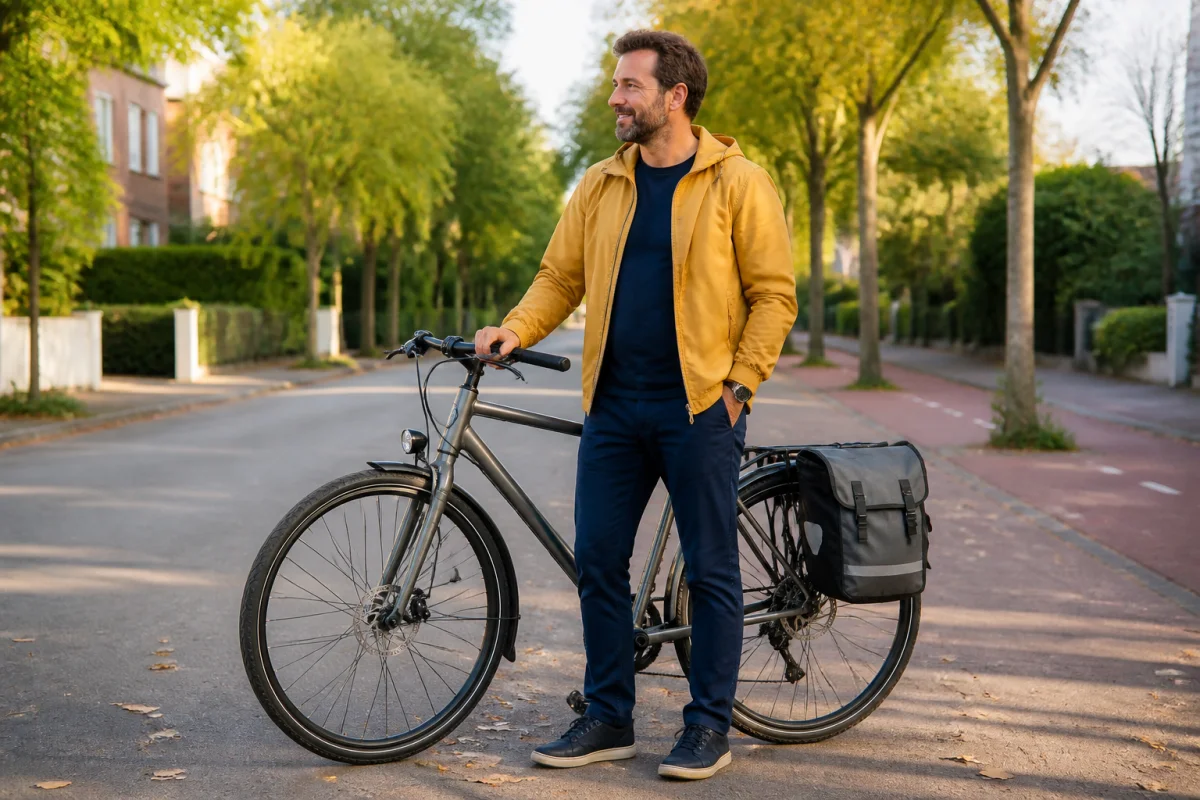 Vélo tout chemin équipé d’un porte-bagages, d’une sacoche arrière et d’accessoires utiles pour les trajets quotidiens.