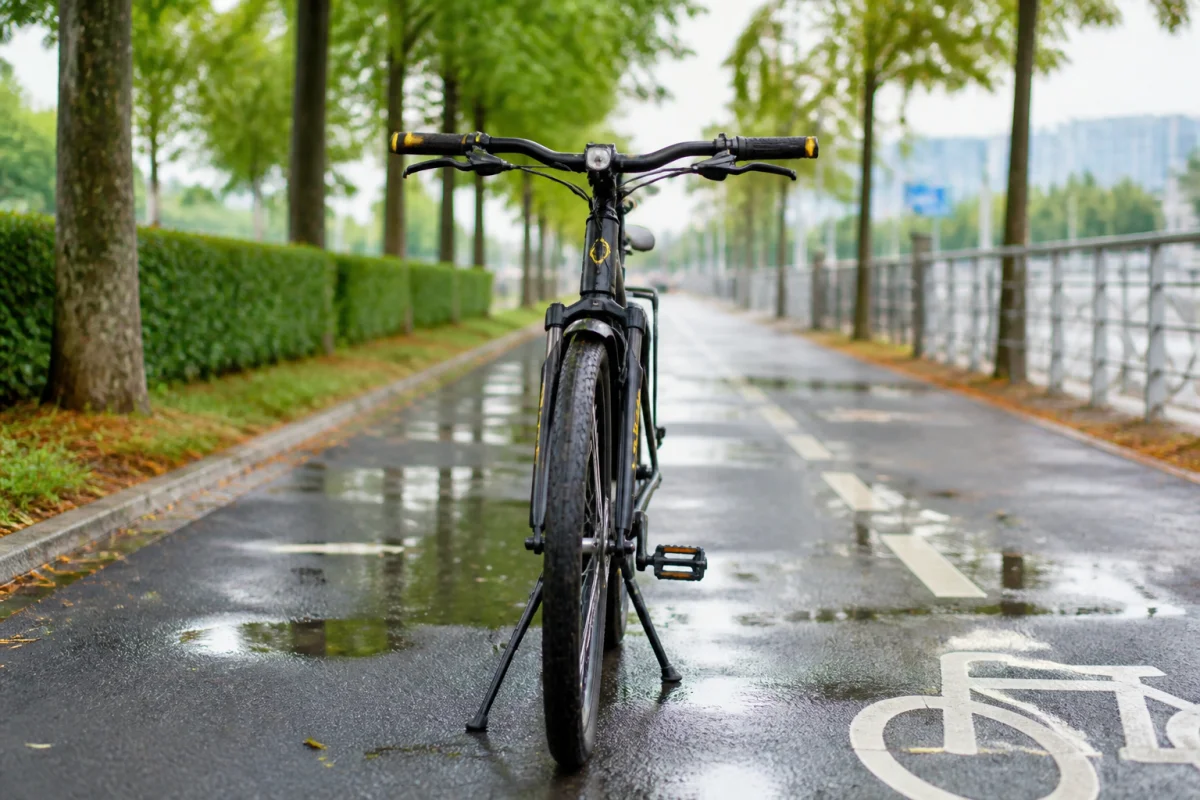 Vélo tout chemin équipé de garde-boue, éclairage avant et accessoires pratiques sur une piste cyclable humide
