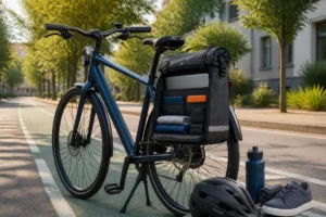 Vélo urbain équipé d’une sacoche latérale contenant ordinateur et vêtements, sur une piste cyclable résidentielle arborée