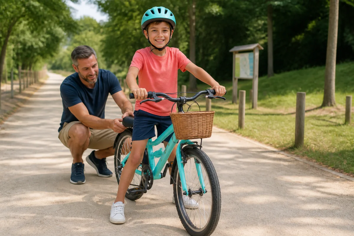 Enfant essayant un vélo adapté pendant des vacances familiales sur une piste cyclable, accompagné par un adulte