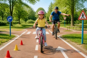 Enfant apprenant le vélo dans un parc sécurisé, accompagné par un adulte : une activité sportive pour enfant pendant les vacances.