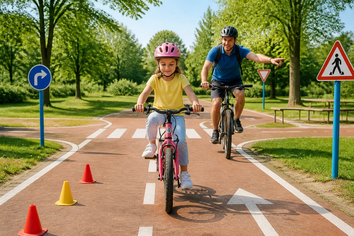 Enfant apprenant le vélo dans un parc sécurisé, accompagné par un adulte : une activité sportive pour enfant pendant les vacances.