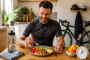 Alimentation du cycliste après l’effort : repas équilibré avec légumes, céréales complètes et protéines fraîches