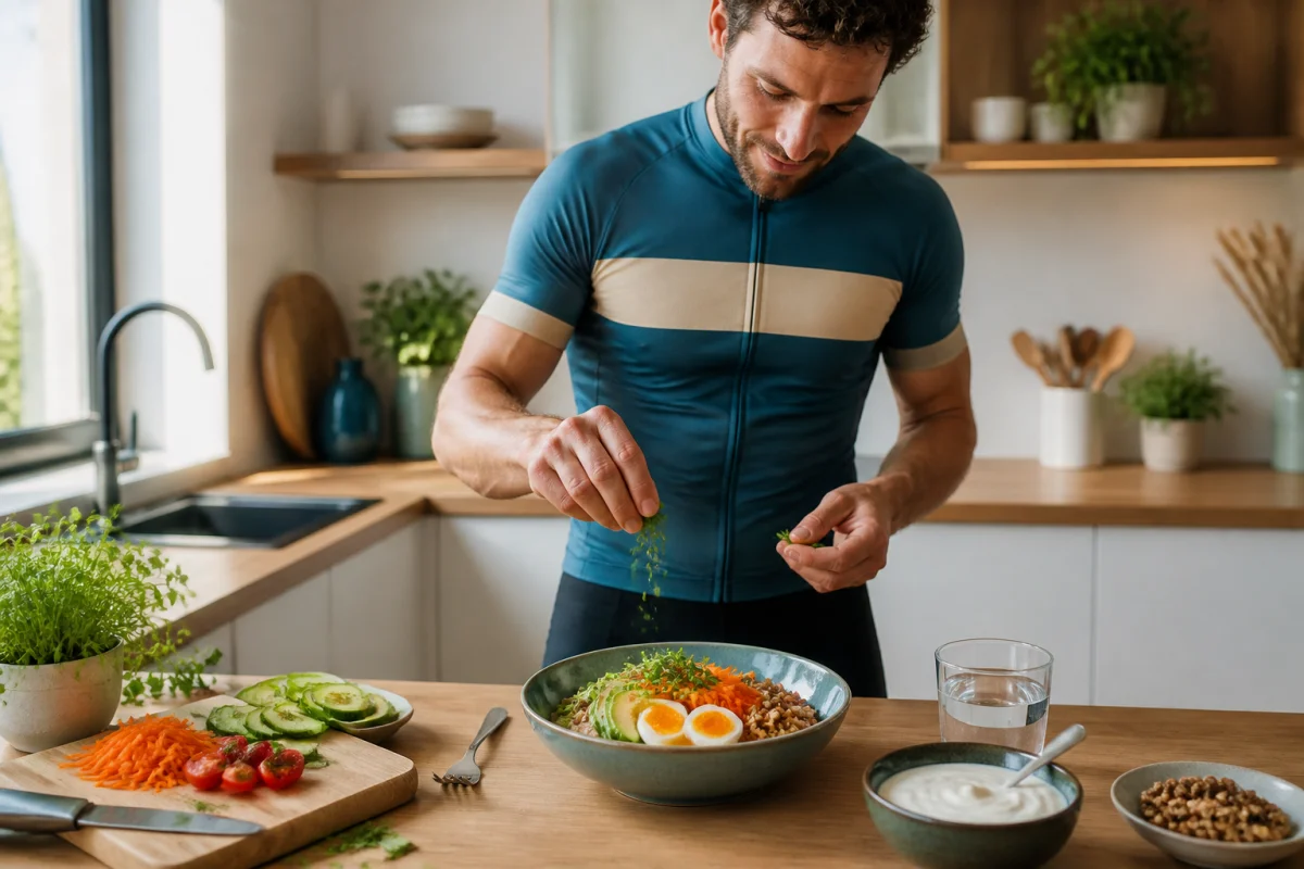 Repas équilibré pour l’alimentation du cycliste après l’effort, avec céréales complètes, légumes, œufs et yaourt naturel