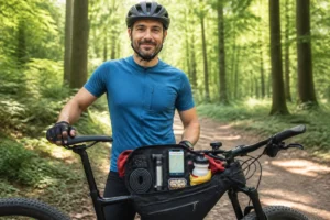 Cycliste équipé pour une balade à vélo en forêt, avec casque, vélo et sacoche contenant eau, outils et encas
