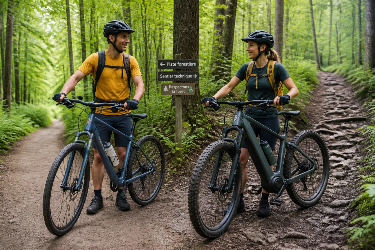 Deux cyclistes comparent un VTC et un VTT électrique avant une balade à vélo en forêt sur un sentier naturel