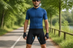 Cycliste portant un cuissard ajusté sur une piste arborée, illustrant comment choisir sa tenue de vélo pour plus de confort