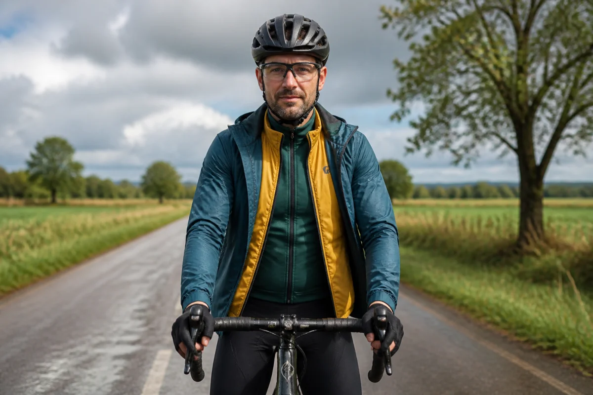 Cycliste portant plusieurs couches respirantes et coupe-vent pour choisir sa tenue de vélo par météo changeante