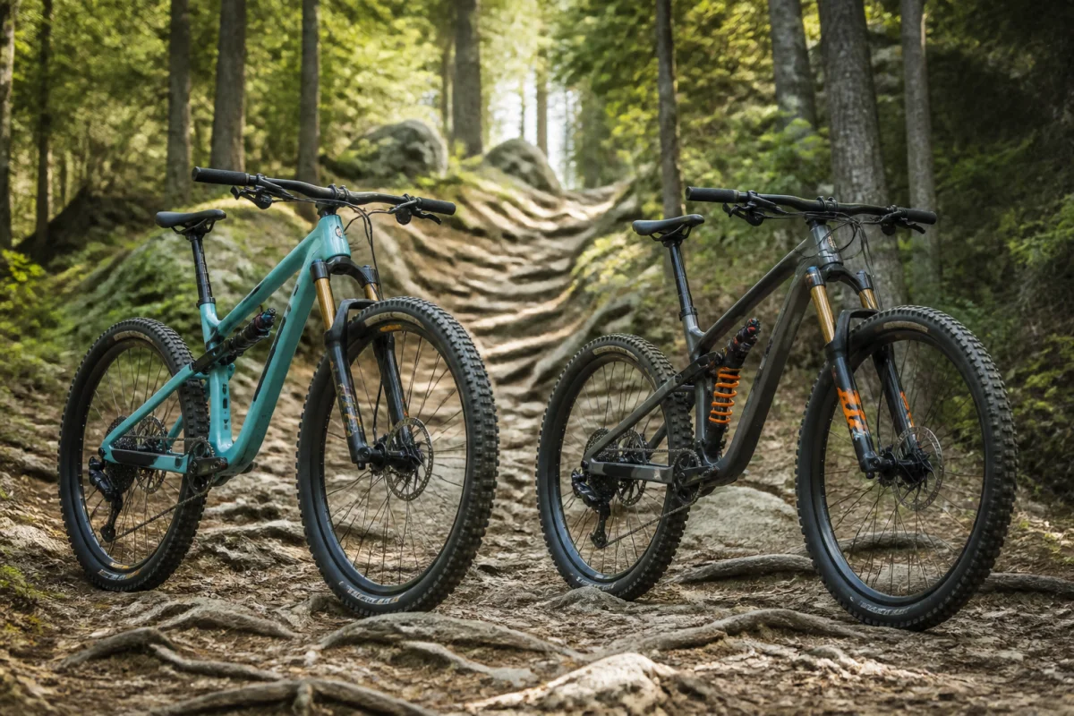 Deux VTT carbone tout suspendus comparés sur un sentier forestier pour choisir un modèle cross-country ou trail