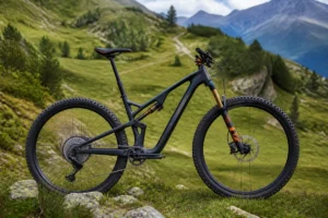 VTT carbone de trail face à une montée alpine, avec transmission adaptée, tige télescopique et roues légères.