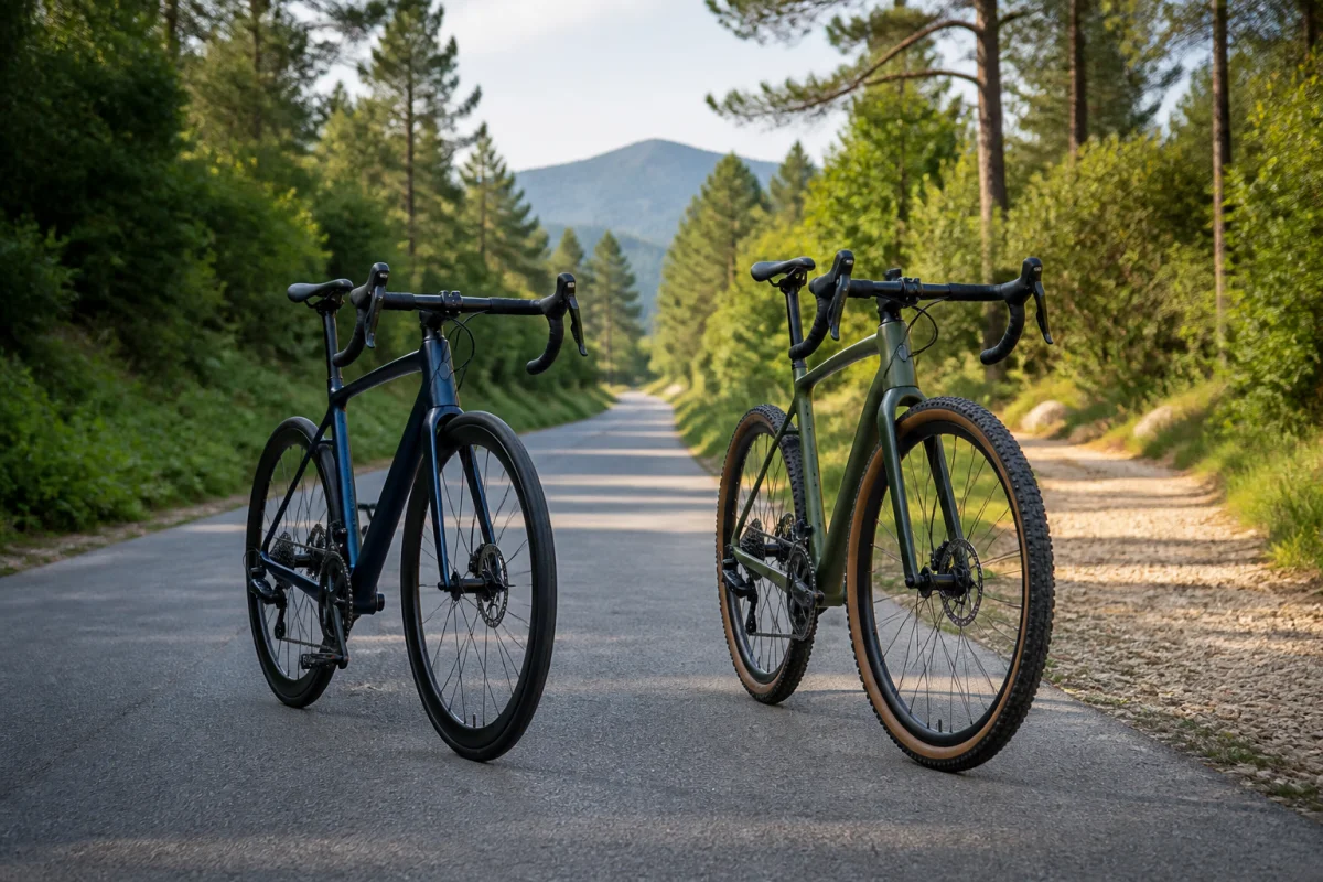 Cycles Philippe présente deux vélos haut de gamme sur mesure : un modèle route et un gravel en pleine nature.