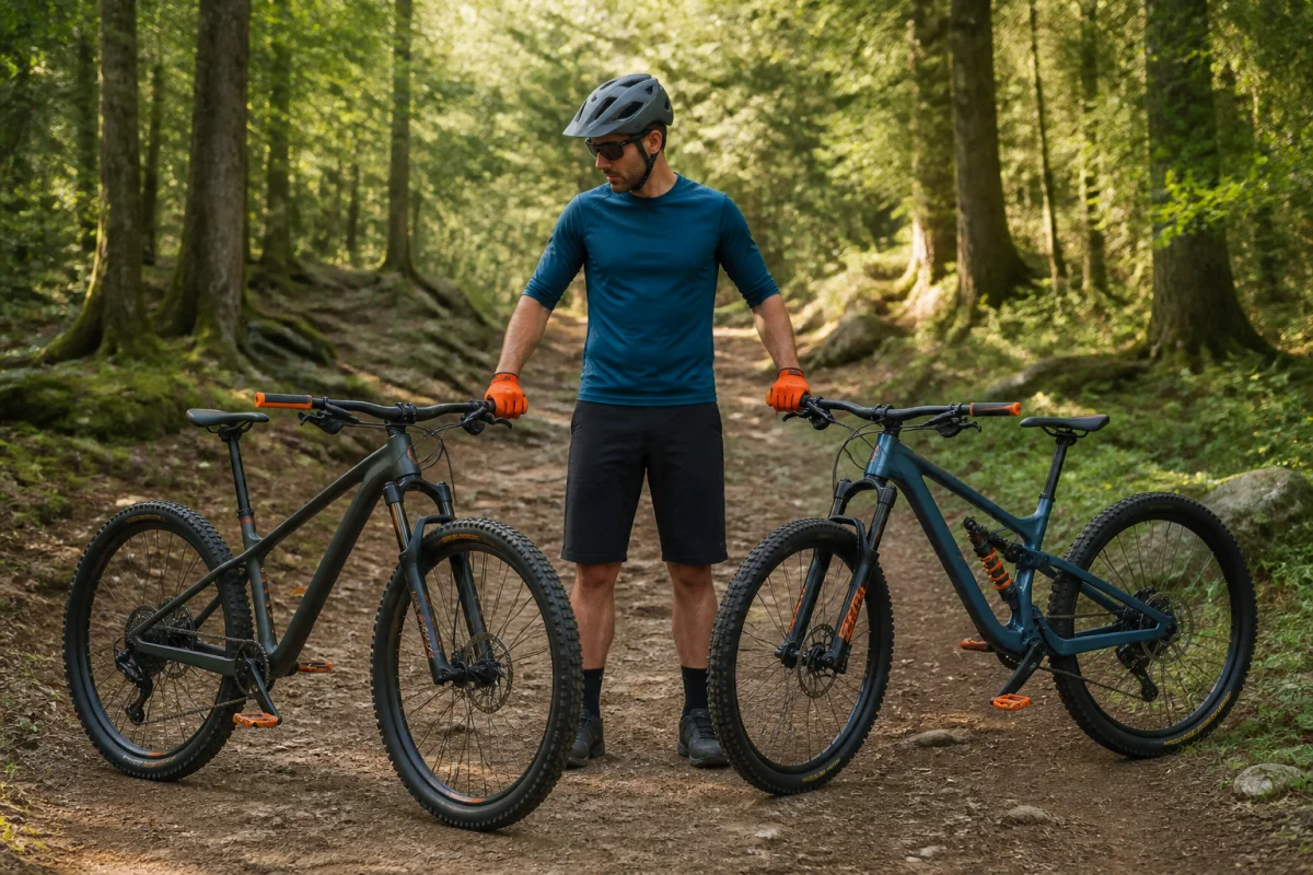 Cycles Philippe : deux VTT haut de gamme sur mesure, semi-rigide et tout suspendu, en forêt avec un cycliste