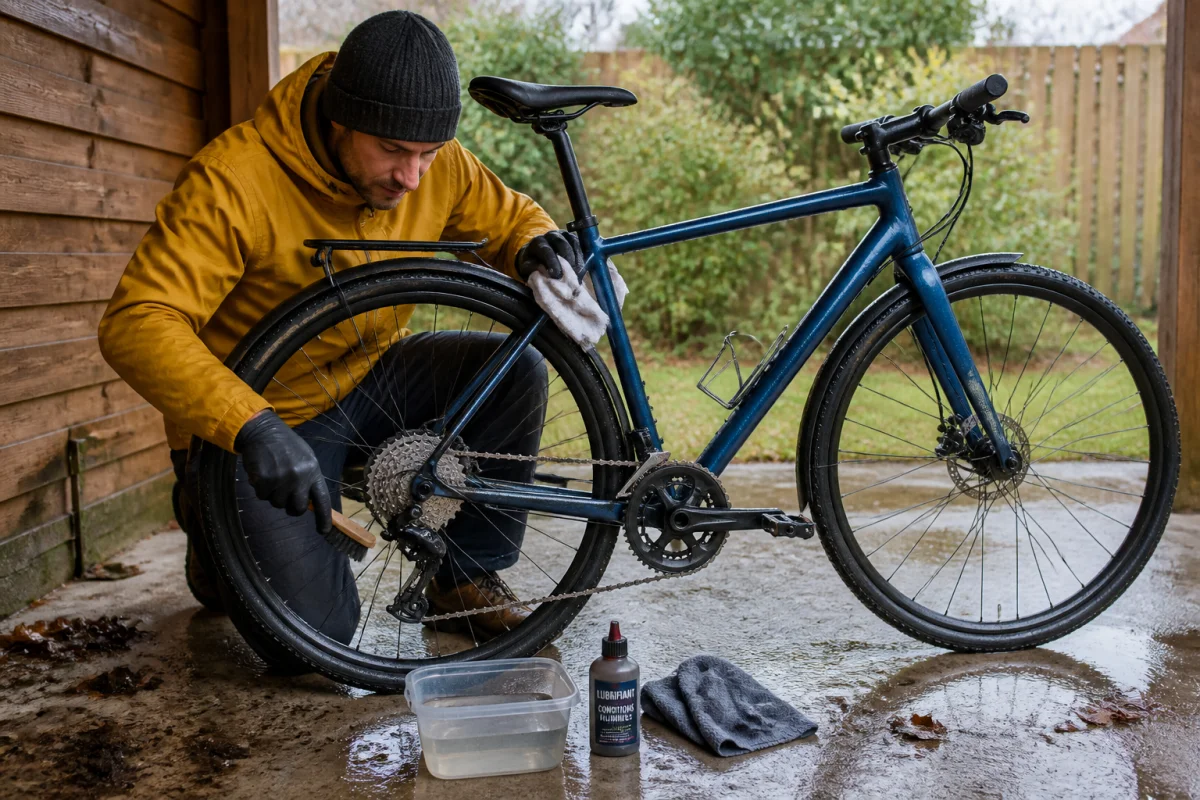 Personne entretenant son vélo pour l’hiver sous un abri couvert, en nettoyant la chaîne après une sortie pluvieuse