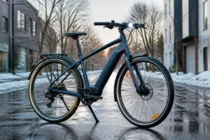 Vélo urbain équipé pour l’hiver, avec garde-boue, éclairage avant, éléments réfléchissants et pneus renforcés sur rue humide