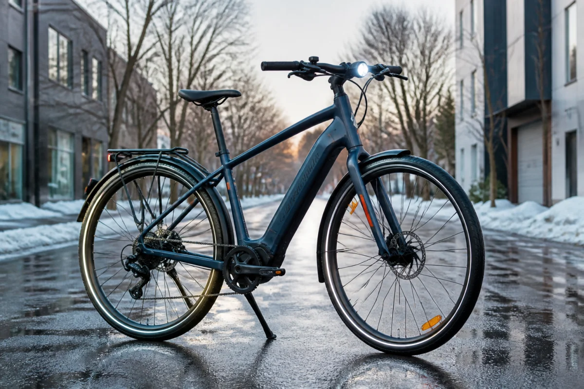 Vélo urbain équipé pour l’hiver, avec garde-boue, éclairage avant, éléments réfléchissants et pneus renforcés sur rue humide