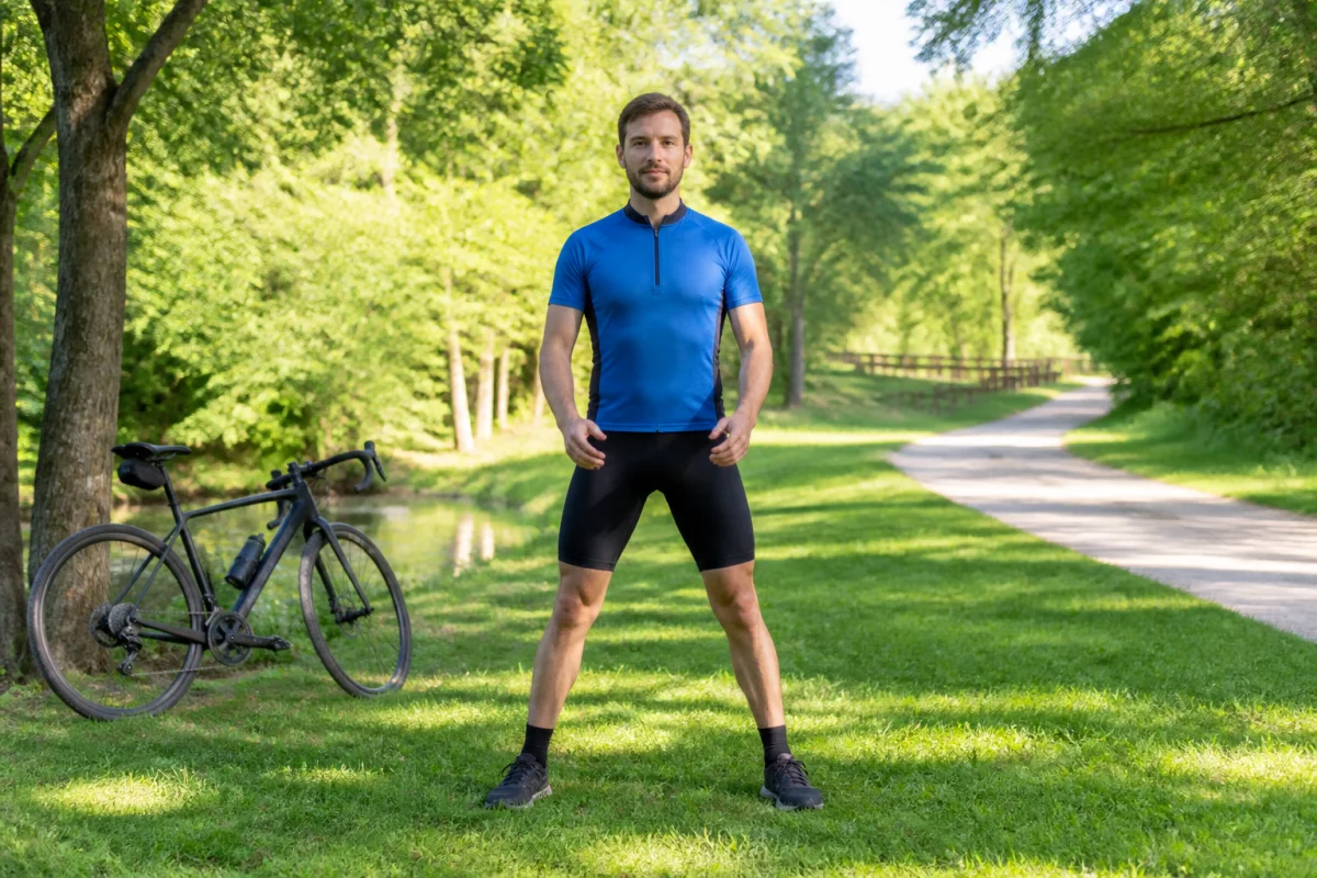 Étirements pour cyclistes débutants dans un parc, posture stable près d’un vélo, routine douce avant ou après l’effort