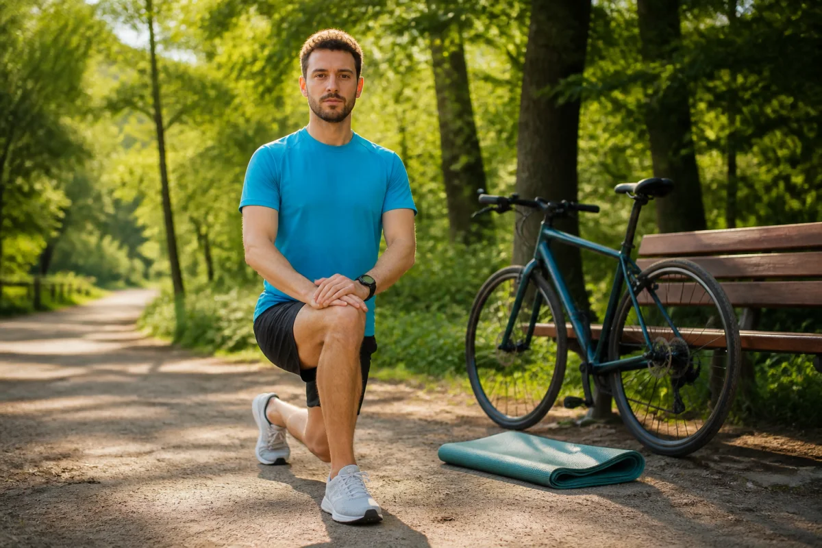 Cycliste débutant pratiquant un étirement de la hanche en fente avant près de son vélo dans un parc verdoyant