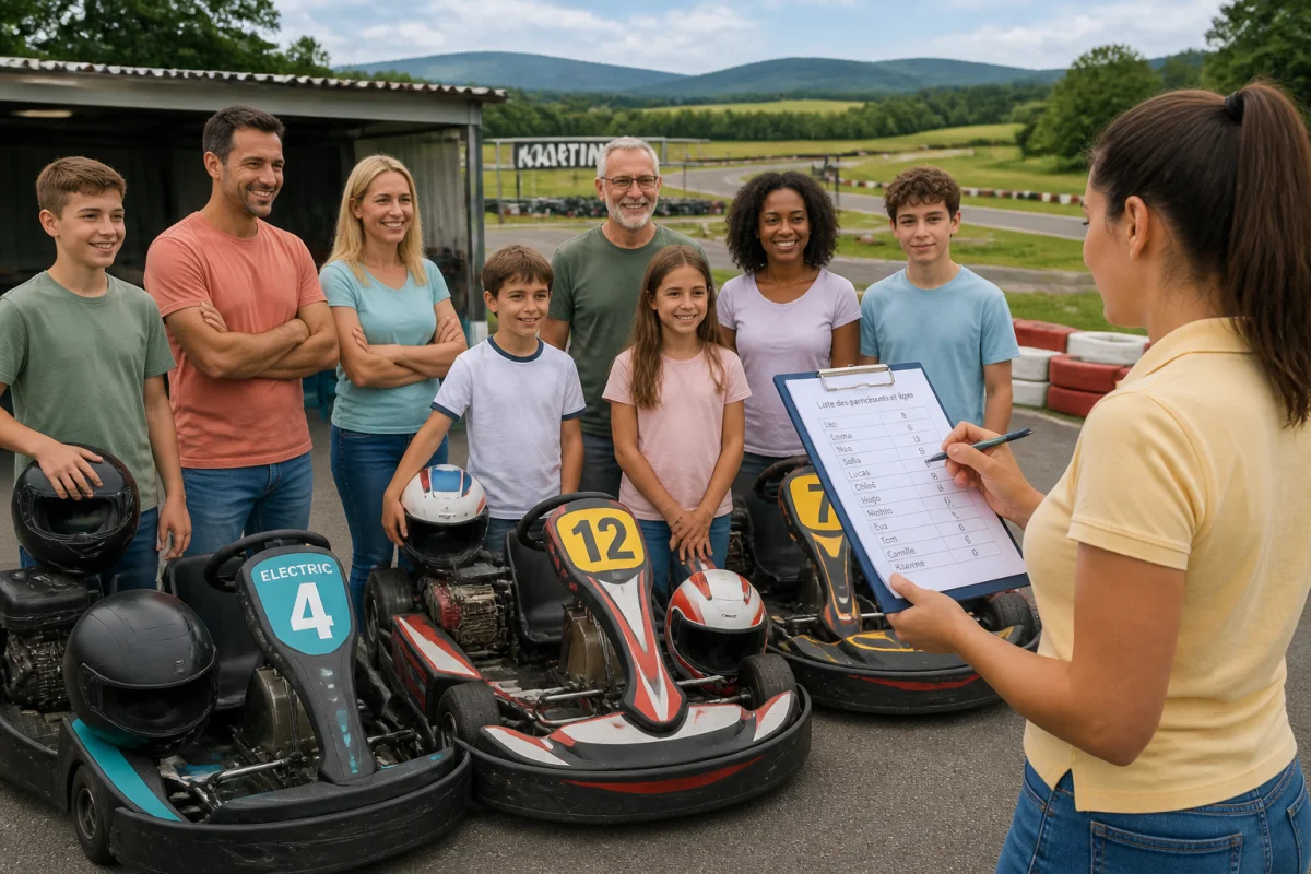 Groupe de débutants devant des karts thermiques et électriques au circuit Karting Montrevel en Bresse
