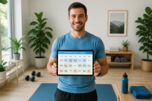 Klarafit : personne consultant un planning d’entraînement structuré sur tablette dans un espace fitness lumineux