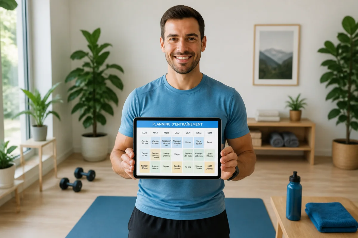 Klarafit : personne consultant un planning d’entraînement structuré sur tablette dans un espace fitness lumineux