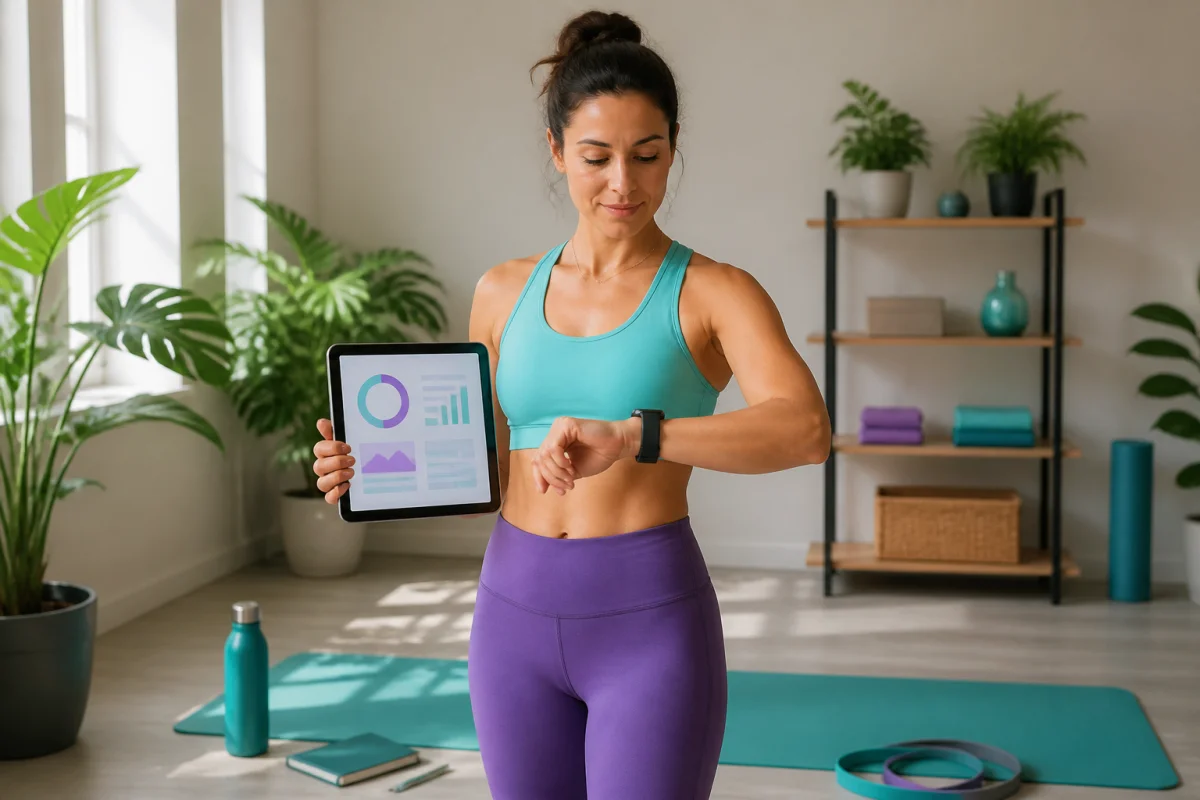 Klarafit : femme adulte en tenue de sport utilisant une tablette et une montre connectée dans un studio de fitness lumineux