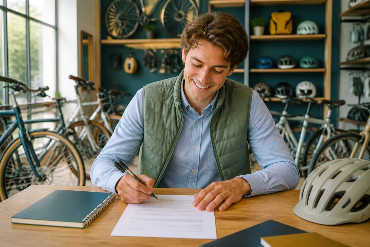 Candidat rédigeant une lettre de motivation pour magasin de vélo dans une boutique lumineuse avec vélos et équipements en arrière-plan