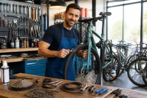Mécanicien cycle présentant un vélo réparé dans l’atelier lumineux d’un magasin de vélos professionnel