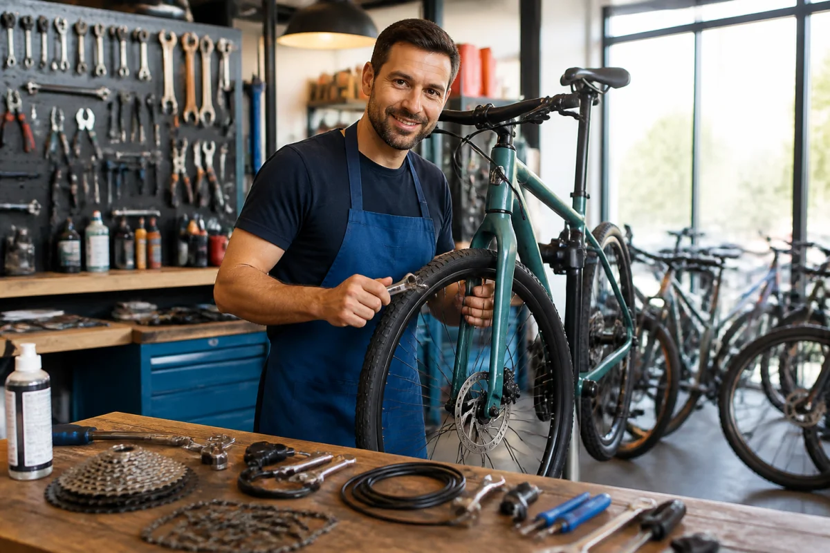 Mécanicien cycle présentant un vélo réparé dans l’atelier lumineux d’un magasin de vélos professionnel