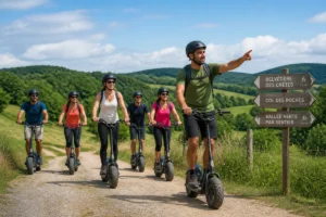 Groupe d’adultes en randonnée sur des trottinettes électriques tout terrain, dans une campagne verdoyante માર્ગ.