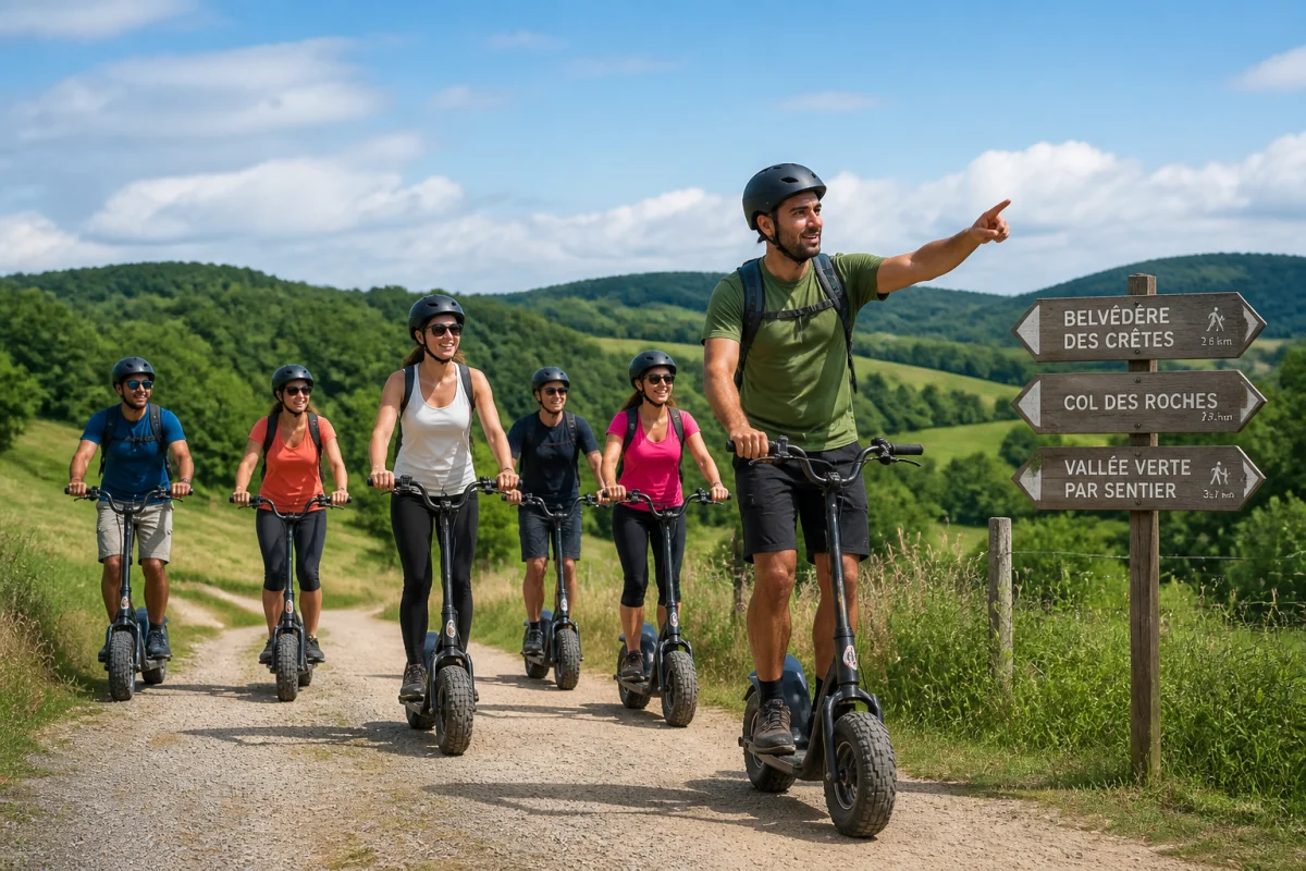 Groupe d’adultes en randonnée sur des trottinettes électriques tout terrain, dans une campagne verdoyante માર્ગ.