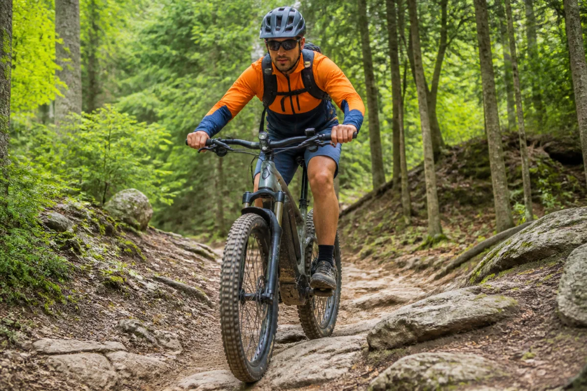 Cycliste en VTT électrique sur un sentier forestier accidenté, illustrant la mobilité électrique de loisir en pleine nature