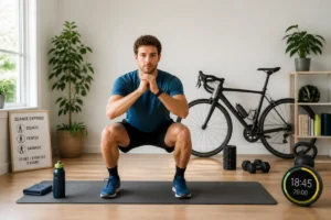 Cycliste amateur réalisant un squat sur tapis, avec vélo de route en arrière-plan pendant sa préparation physique pour cyclistes