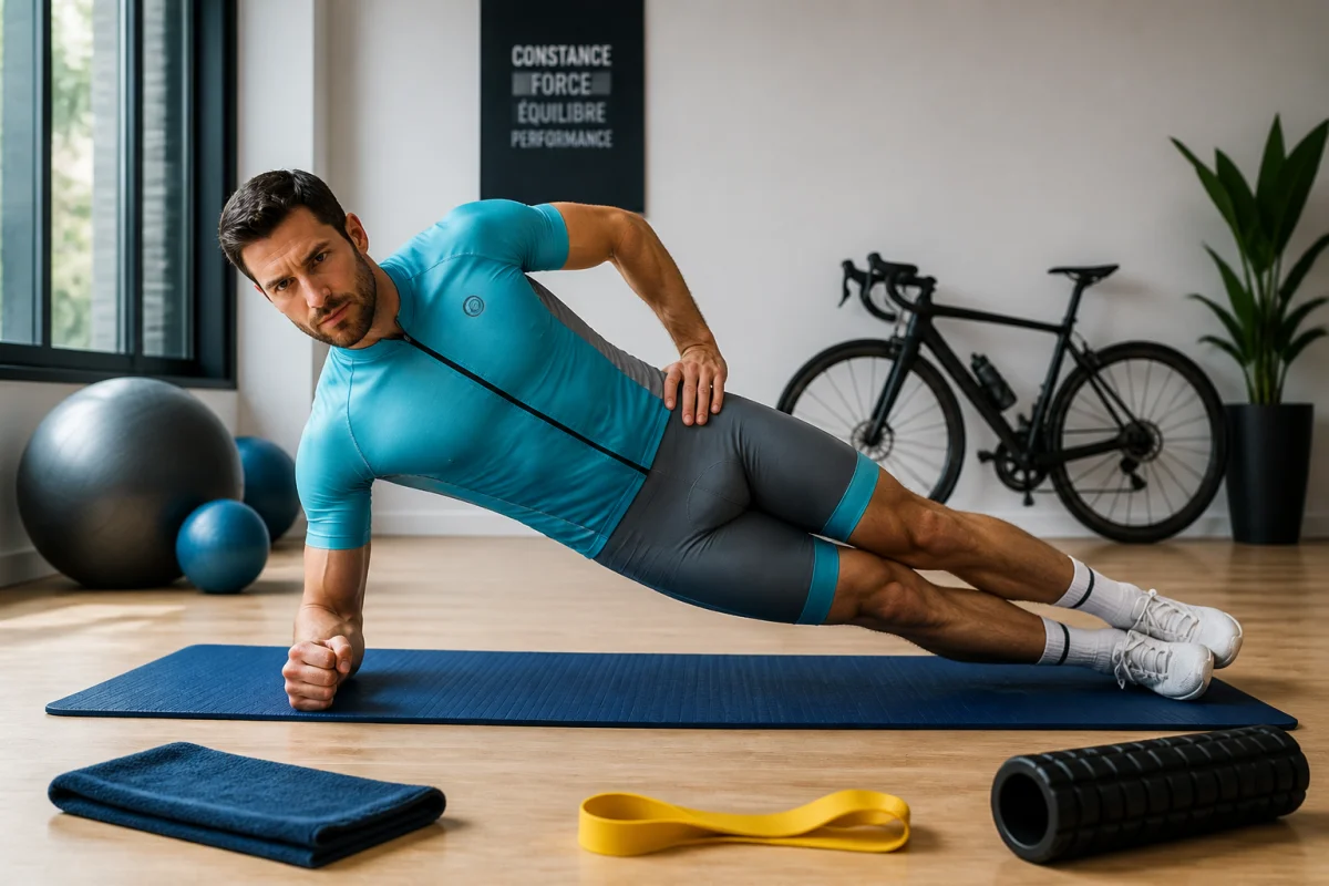 Cycliste réalisant une planche latérale sur tapis, avec vélo de route et accessoires de préparation physique en arrière-plan