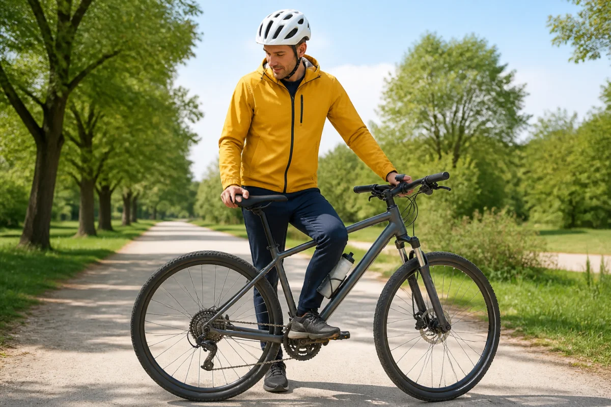 Préparation vélo pour débuter un sport : réglage de la selle sur une piste cyclable arborée